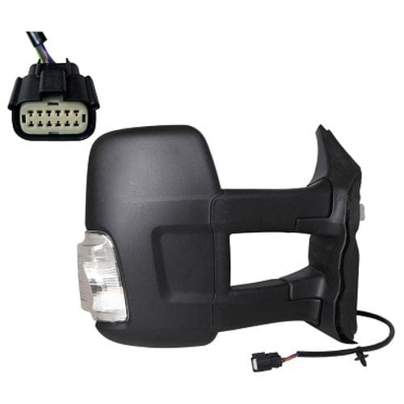 Ford Transit Van 2019- MK9 Door Mirror Electric Heated No Blind Spot Assist Long Arm With 16W Indicator Bulb Black Cover Driver Side R